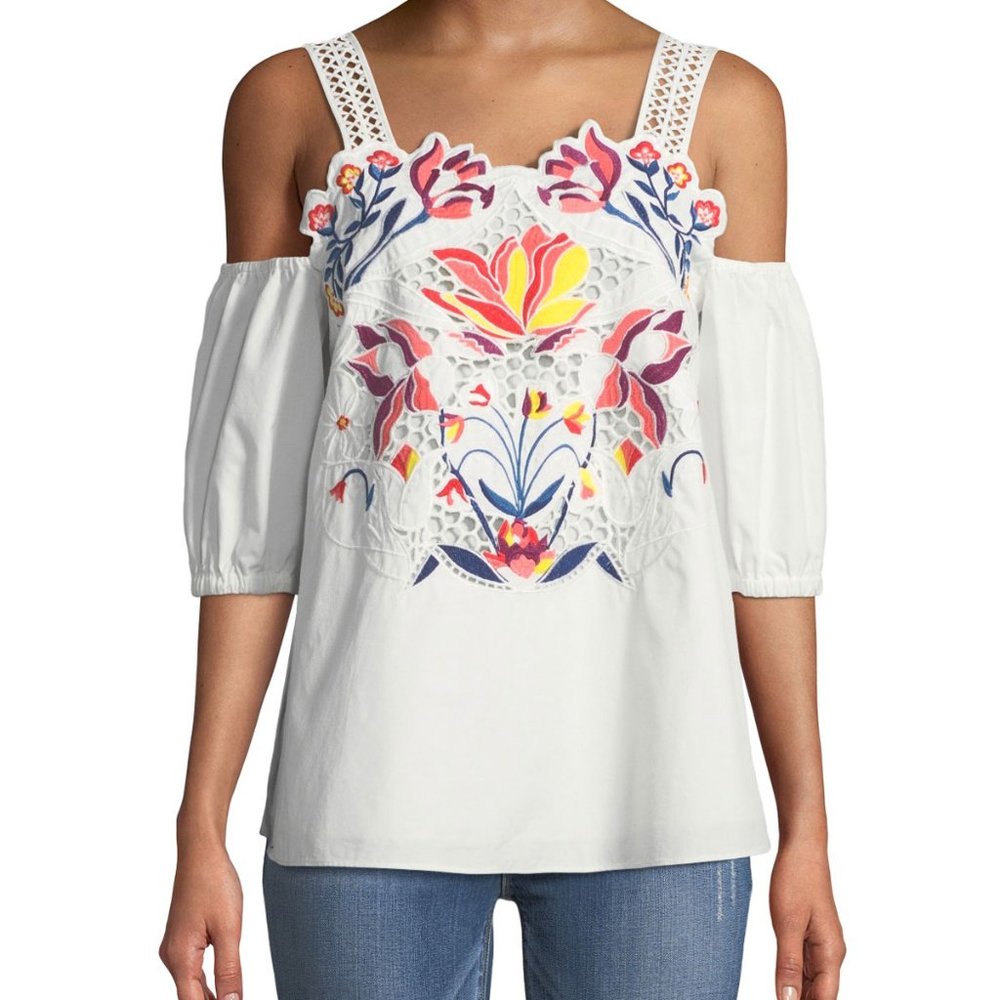 Tanya Taylor Marja Floral-Embroidered Cutwork Cold Shoulder Top, White, Size 14